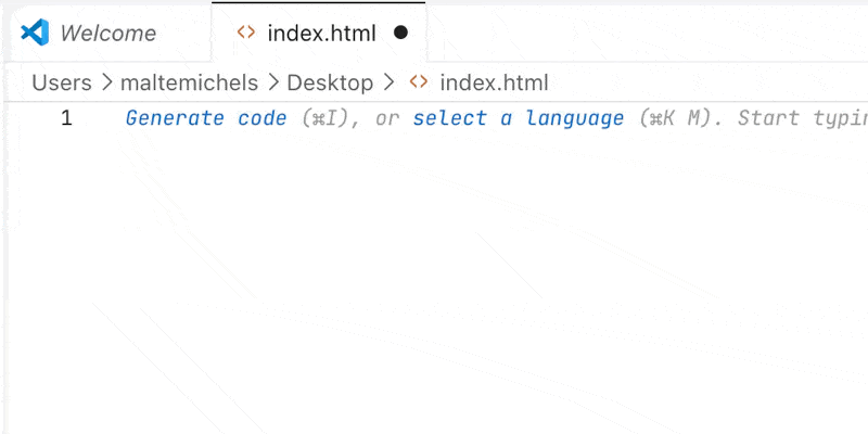 Ein HTML-Grundgerüst wird in VS Code mit Emmet erzeugt.